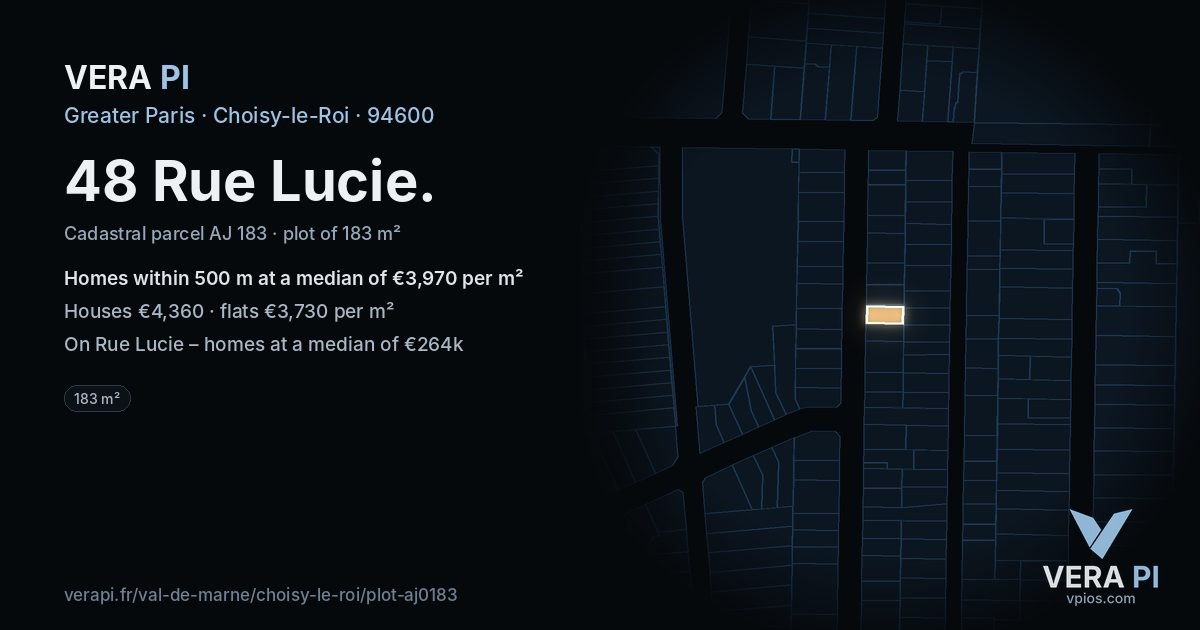 48 Rue Lucie, Choisy-le-Roi at night – the plot lit, the parcels around coloured by the prices near them