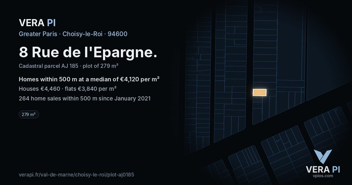 8 Rue de l'Epargne, Choisy-le-Roi at night – the plot lit, the parcels around coloured by the prices near them