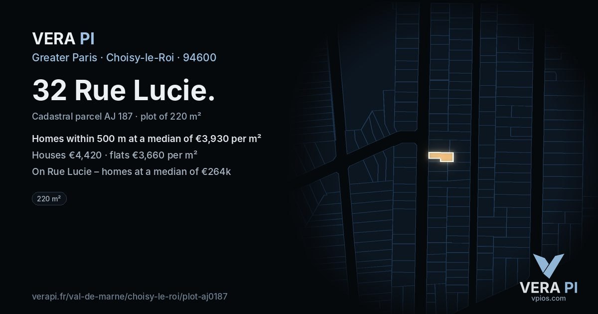 32 Rue Lucie, Choisy-le-Roi at night – the plot lit, the parcels around coloured by the prices near them