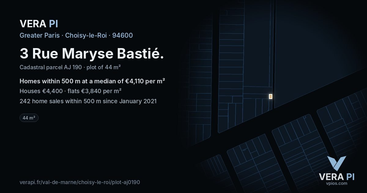 3 Rue Maryse Bastié, Choisy-le-Roi at night – the plot lit, the parcels around coloured by the prices near them