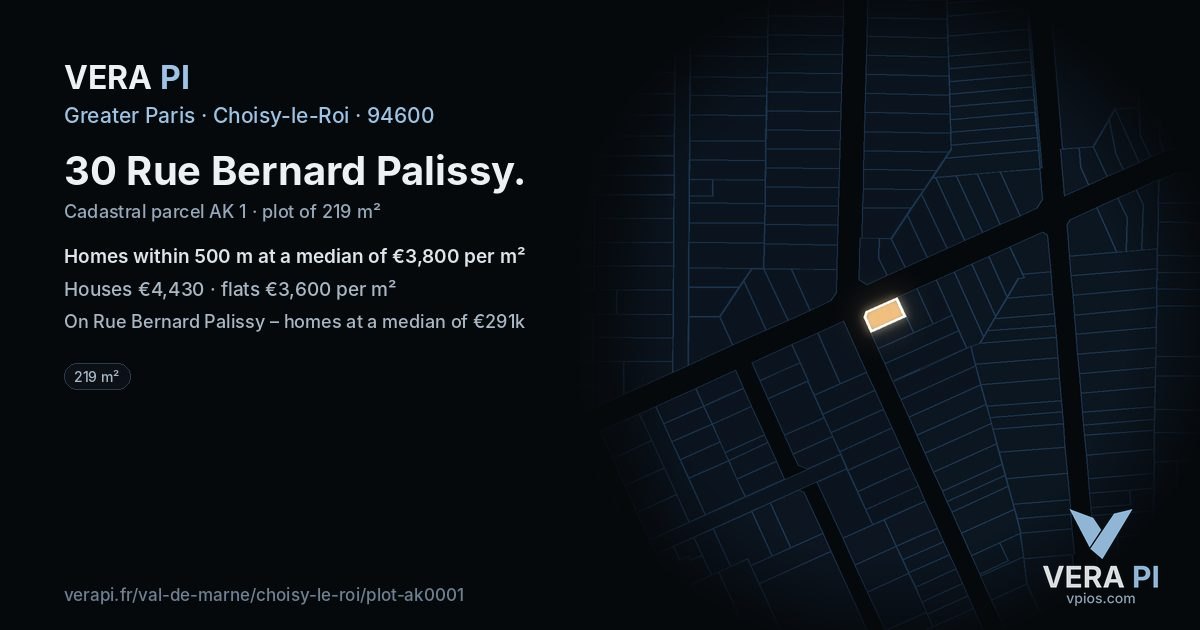 30 Rue Bernard Palissy, Choisy-le-Roi at night – the plot lit, the parcels around coloured by the prices near them