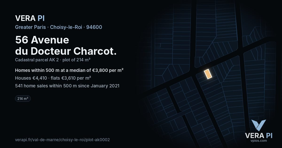 56 Avenue du Docteur Charcot, Choisy-le-Roi at night – the plot lit, the parcels around coloured by the prices near them