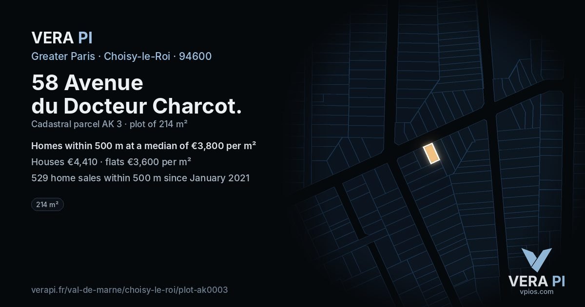 58 Avenue du Docteur Charcot, Choisy-le-Roi at night – the plot lit, the parcels around coloured by the prices near them