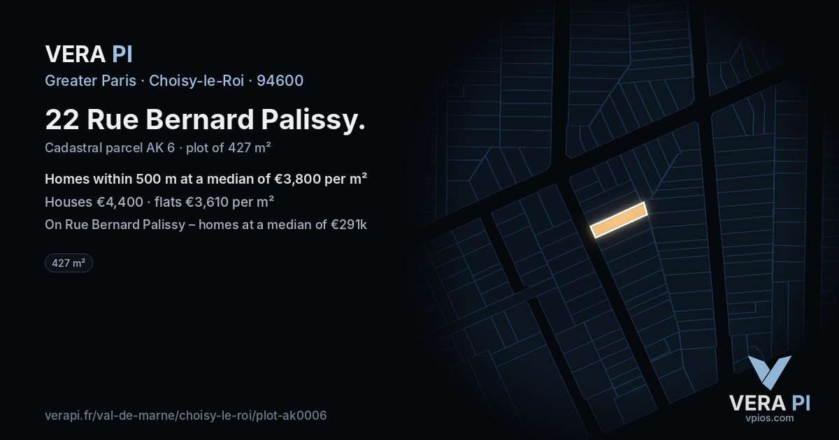 22 Rue Bernard Palissy, Choisy-le-Roi at night – the plot lit, the parcels around coloured by the prices near them