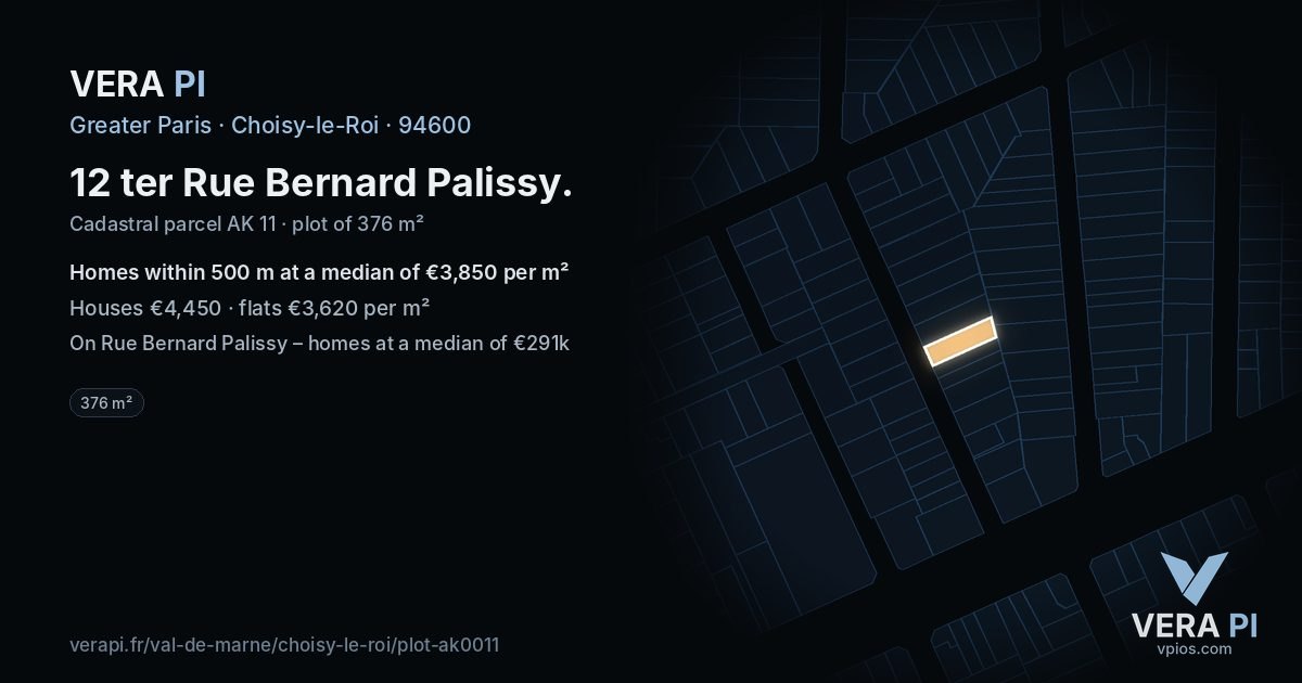 12 ter Rue Bernard Palissy, Choisy-le-Roi at night – the plot lit, the parcels around coloured by the prices near them