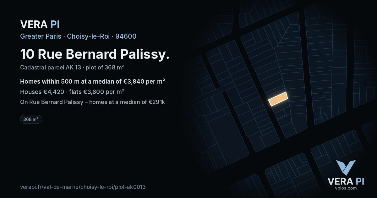 10 Rue Bernard Palissy, Choisy-le-Roi at night – the plot lit, the parcels around coloured by the prices near them