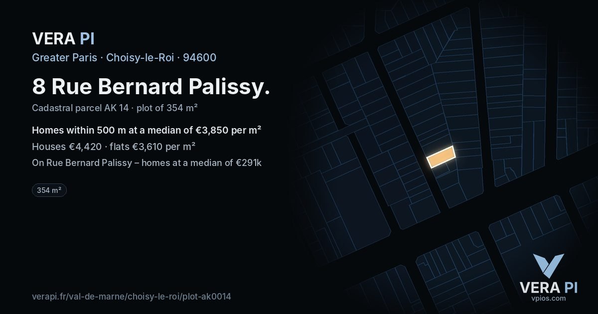 8 Rue Bernard Palissy, Choisy-le-Roi at night – the plot lit, the parcels around coloured by the prices near them