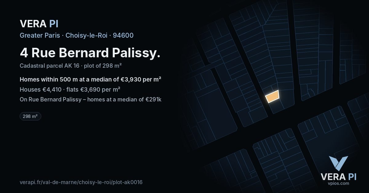 4 Rue Bernard Palissy, Choisy-le-Roi at night – the plot lit, the parcels around coloured by the prices near them