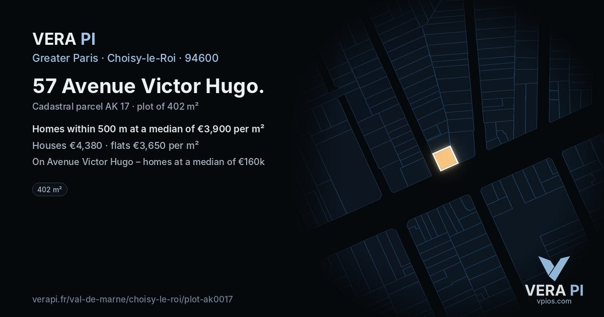 57 Avenue Victor Hugo, Choisy-le-Roi at night – the plot lit, the parcels around coloured by the prices near them