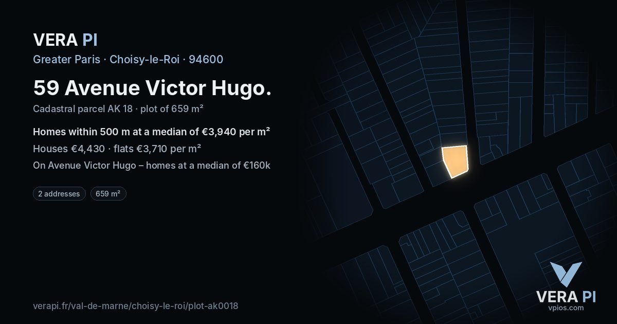 59 Avenue Victor Hugo, Choisy-le-Roi at night – the plot lit, the parcels around coloured by the prices near them