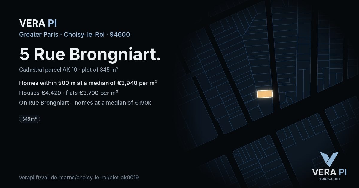 5 Rue Brongniart, Choisy-le-Roi at night – the plot lit, the parcels around coloured by the prices near them