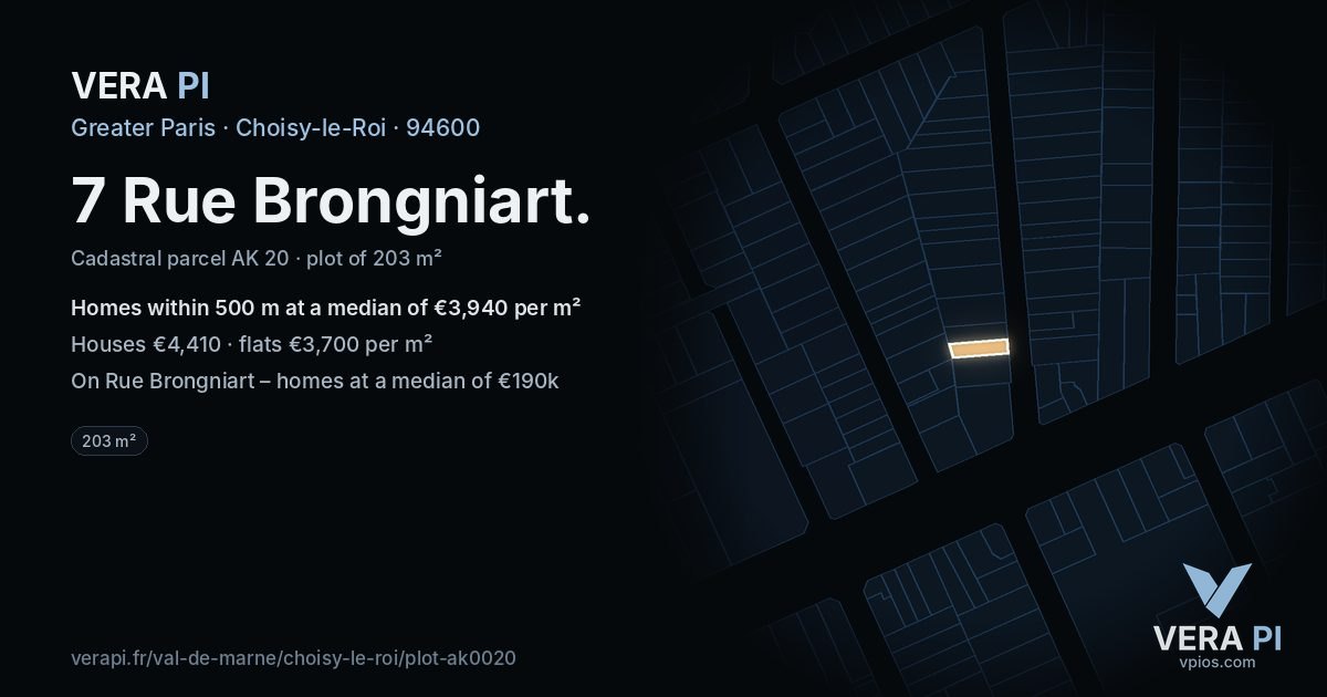 7 Rue Brongniart, Choisy-le-Roi at night – the plot lit, the parcels around coloured by the prices near them