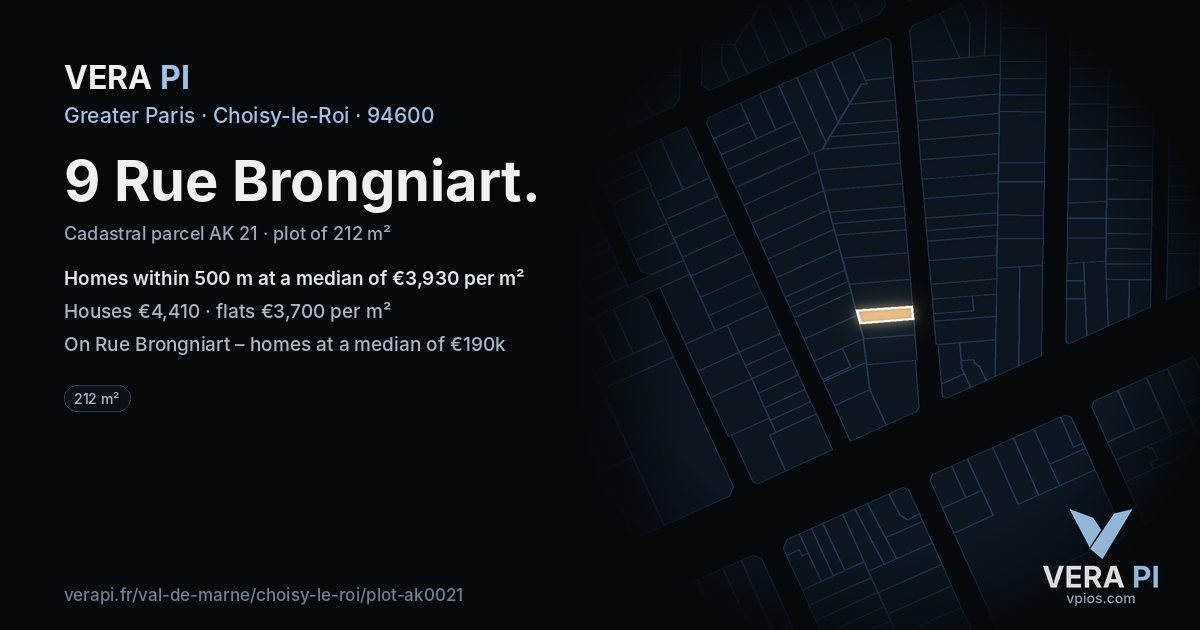 9 Rue Brongniart, Choisy-le-Roi at night – the plot lit, the parcels around coloured by the prices near them