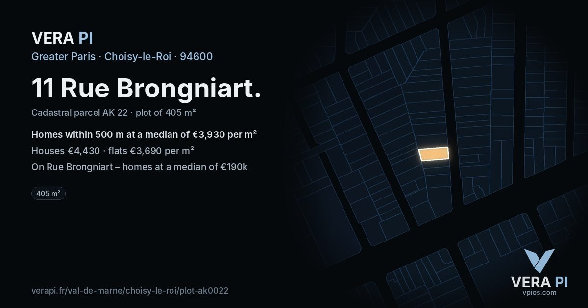 11 Rue Brongniart, Choisy-le-Roi at night – the plot lit, the parcels around coloured by the prices near them