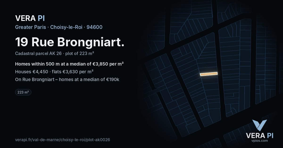 19 Rue Brongniart, Choisy-le-Roi at night – the plot lit, the parcels around coloured by the prices near them