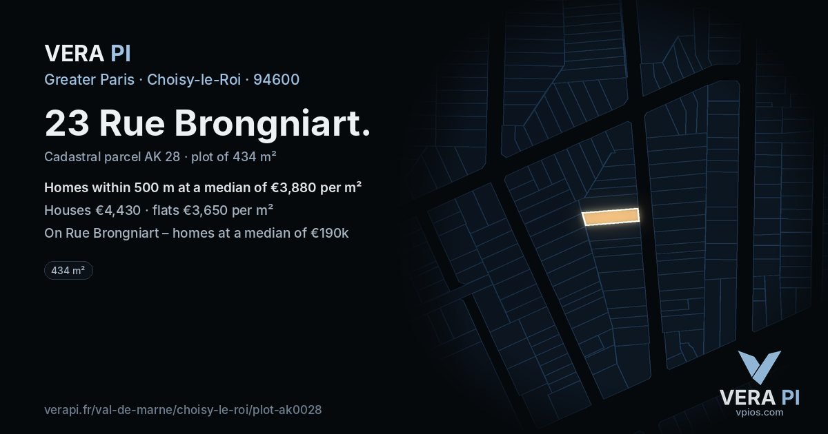 23 Rue Brongniart, Choisy-le-Roi at night – the plot lit, the parcels around coloured by the prices near them