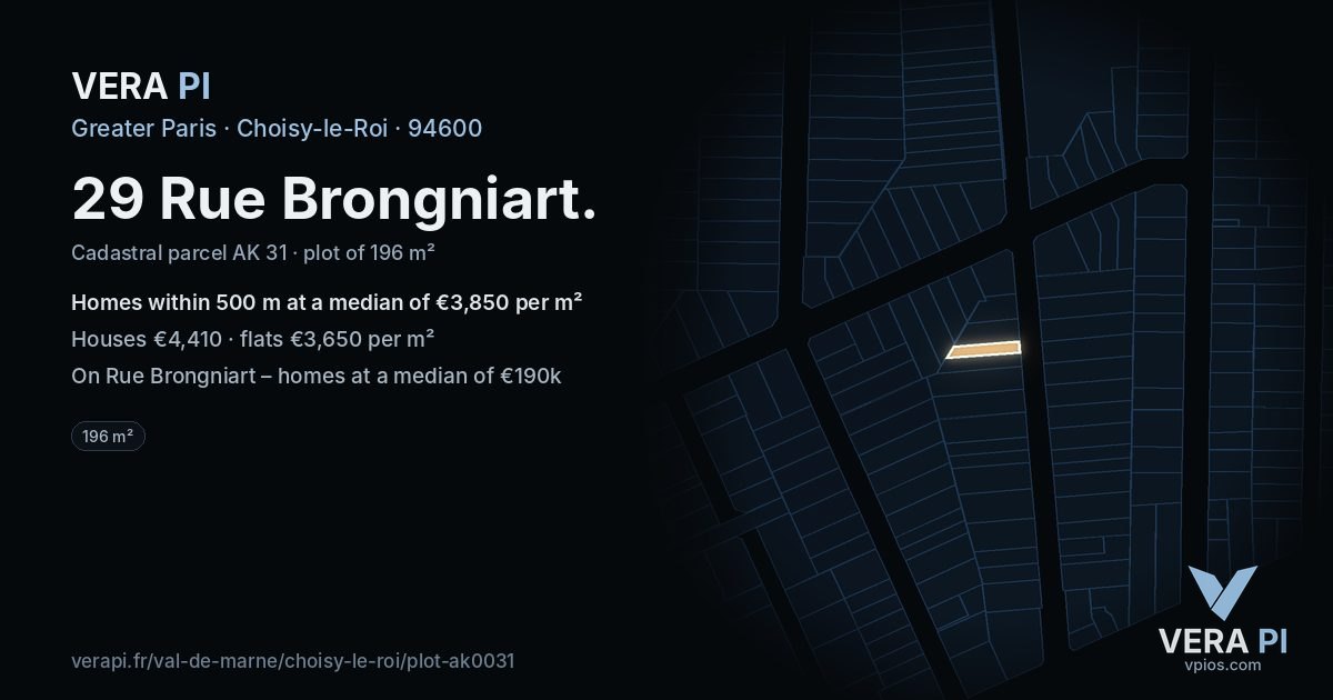 29 Rue Brongniart, Choisy-le-Roi at night – the plot lit, the parcels around coloured by the prices near them