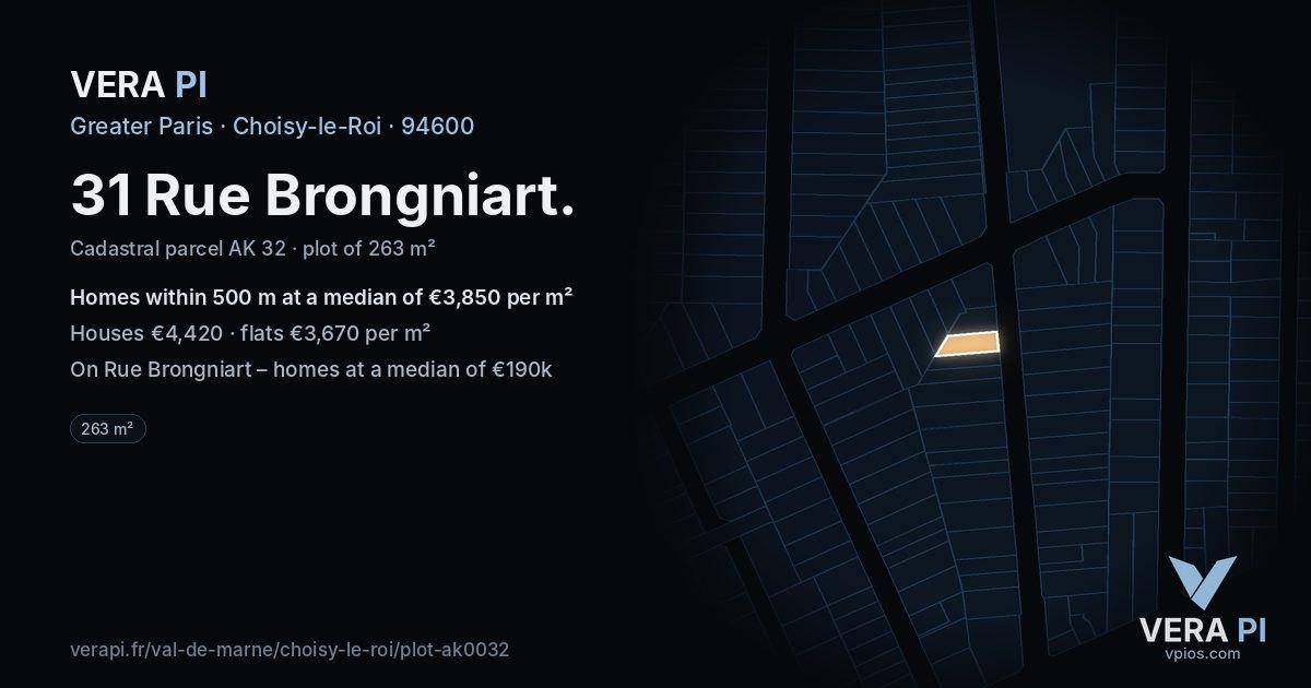 31 Rue Brongniart, Choisy-le-Roi at night – the plot lit, the parcels around coloured by the prices near them