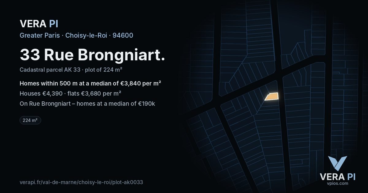 33 Rue Brongniart, Choisy-le-Roi at night – the plot lit, the parcels around coloured by the prices near them