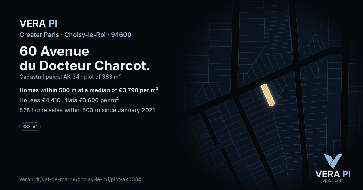 60 Avenue du Docteur Charcot, Choisy-le-Roi at night – the plot lit, the parcels around coloured by the prices near them