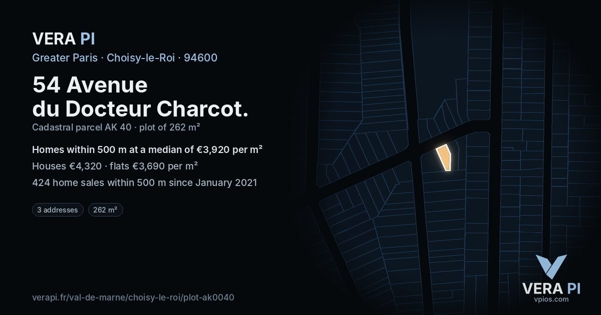 54 Avenue du Docteur Charcot, Choisy-le-Roi at night – the plot lit, the parcels around coloured by the prices near them