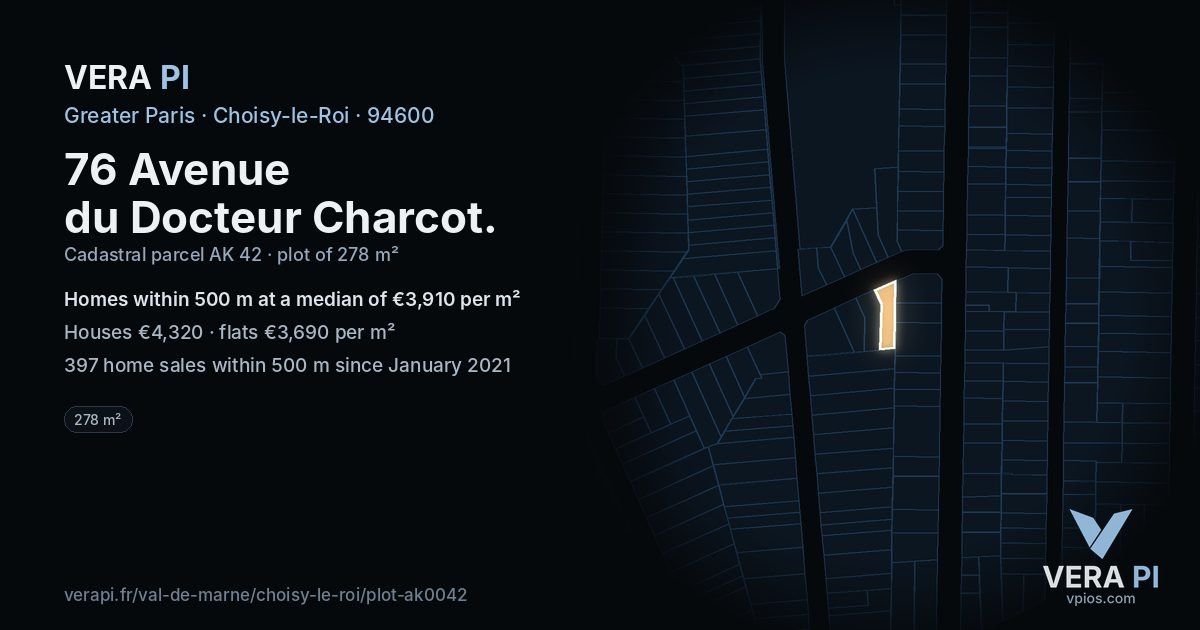 76 Avenue du Docteur Charcot, Choisy-le-Roi at night – the plot lit, the parcels around coloured by the prices near them