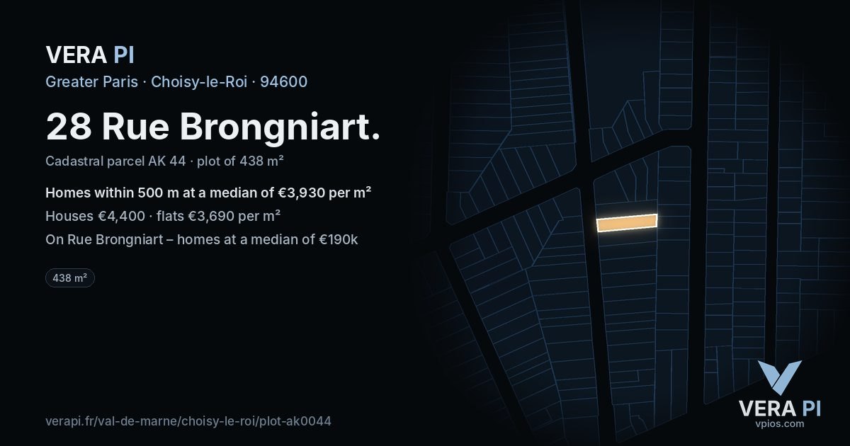 28 Rue Brongniart, Choisy-le-Roi at night – the plot lit, the parcels around coloured by the prices near them