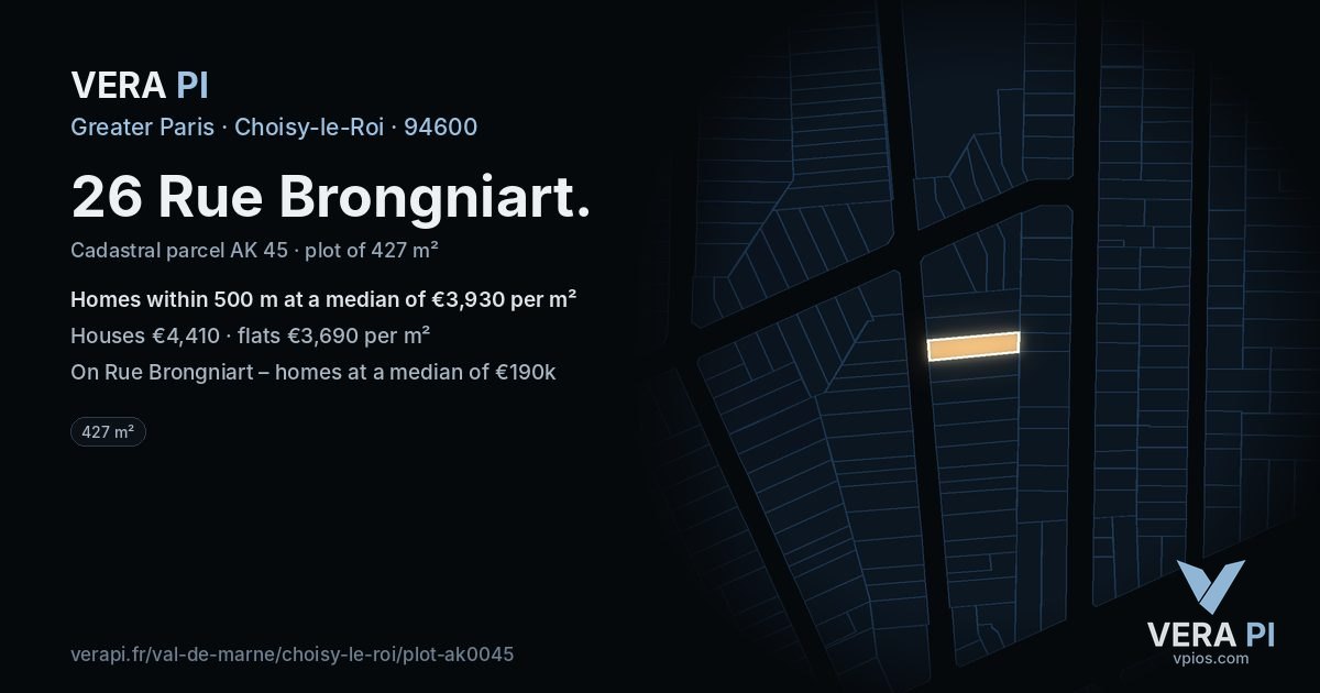 26 Rue Brongniart, Choisy-le-Roi at night – the plot lit, the parcels around coloured by the prices near them