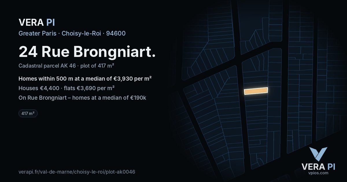 24 Rue Brongniart, Choisy-le-Roi at night – the plot lit, the parcels around coloured by the prices near them