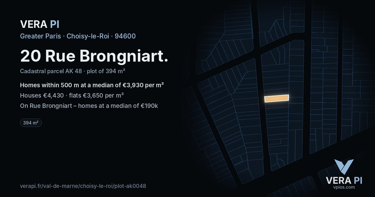20 Rue Brongniart, Choisy-le-Roi at night – the plot lit, the parcels around coloured by the prices near them