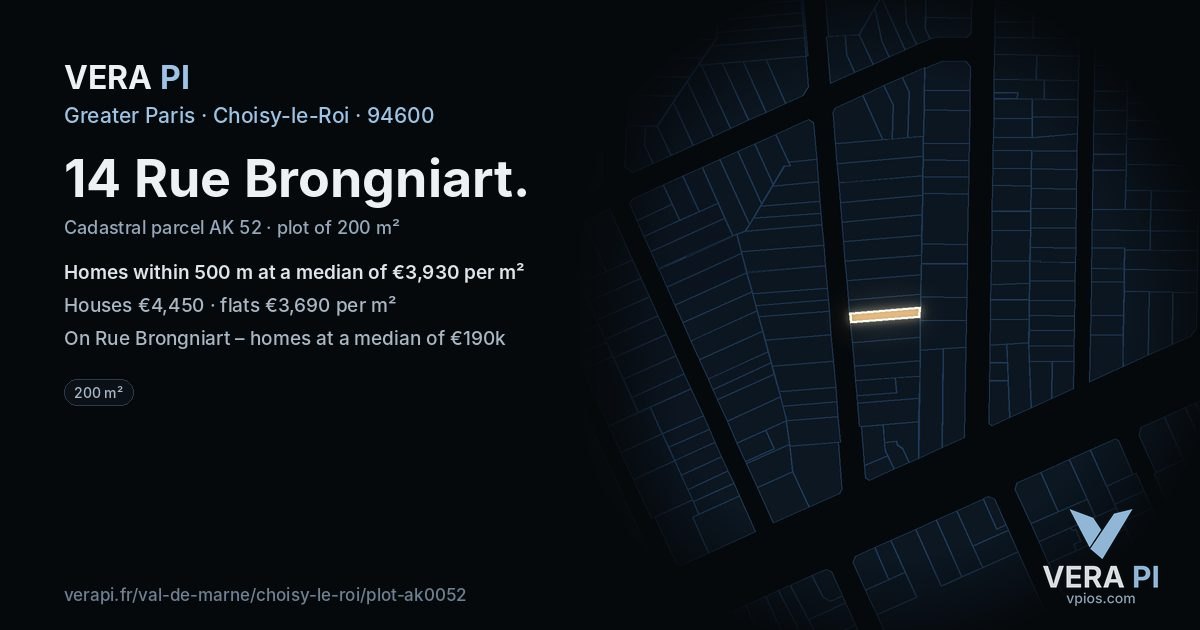 14 Rue Brongniart, Choisy-le-Roi at night – the plot lit, the parcels around coloured by the prices near them
