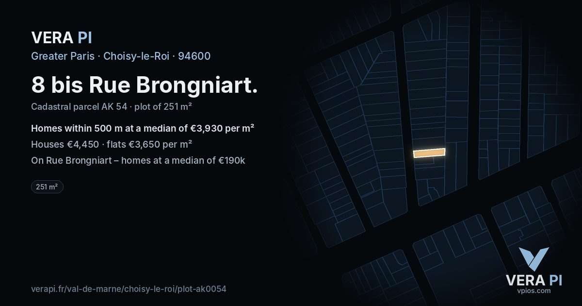 8 bis Rue Brongniart, Choisy-le-Roi at night – the plot lit, the parcels around coloured by the prices near them