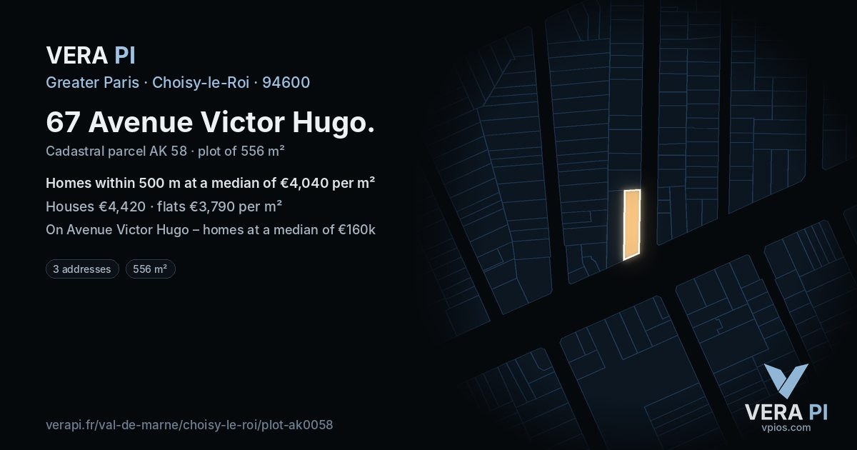 67 Avenue Victor Hugo, Choisy-le-Roi at night – the plot lit, the parcels around coloured by the prices near them