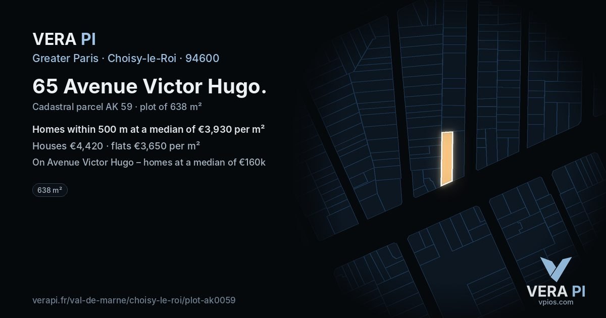 65 Avenue Victor Hugo, Choisy-le-Roi at night – the plot lit, the parcels around coloured by the prices near them