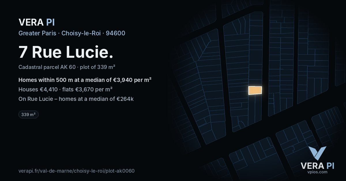 7 Rue Lucie, Choisy-le-Roi at night – the plot lit, the parcels around coloured by the prices near them