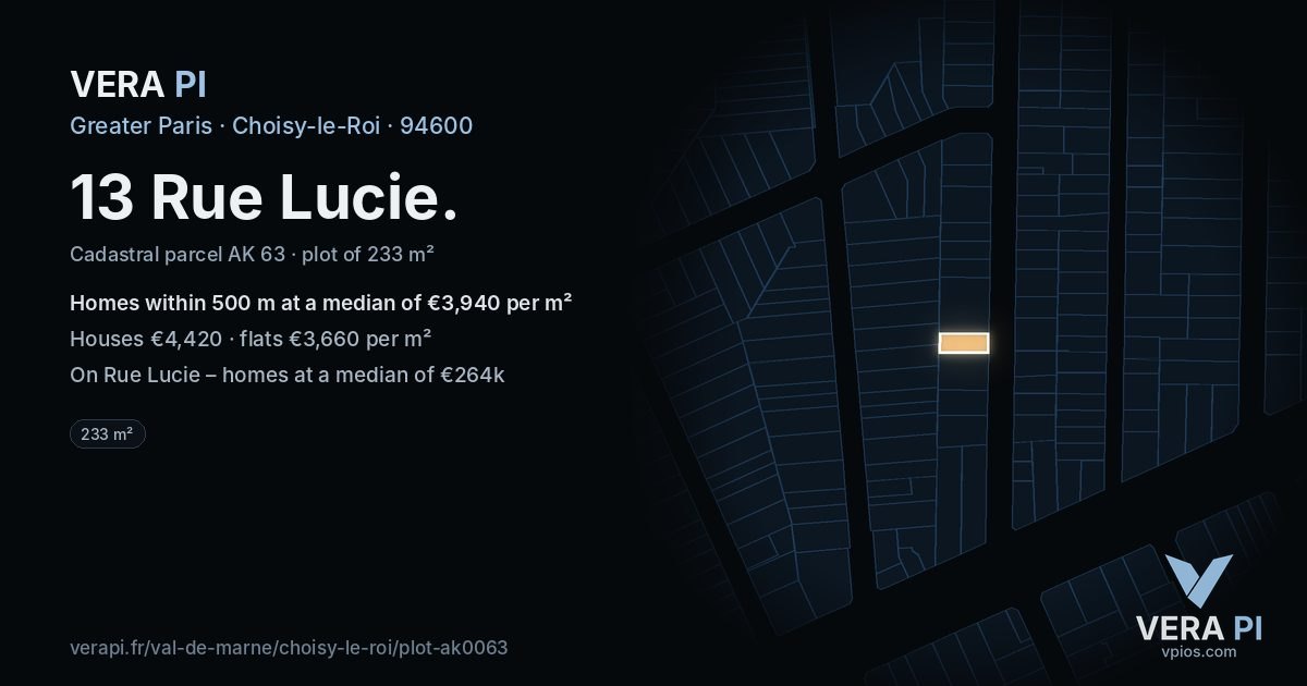 13 Rue Lucie, Choisy-le-Roi at night – the plot lit, the parcels around coloured by the prices near them
