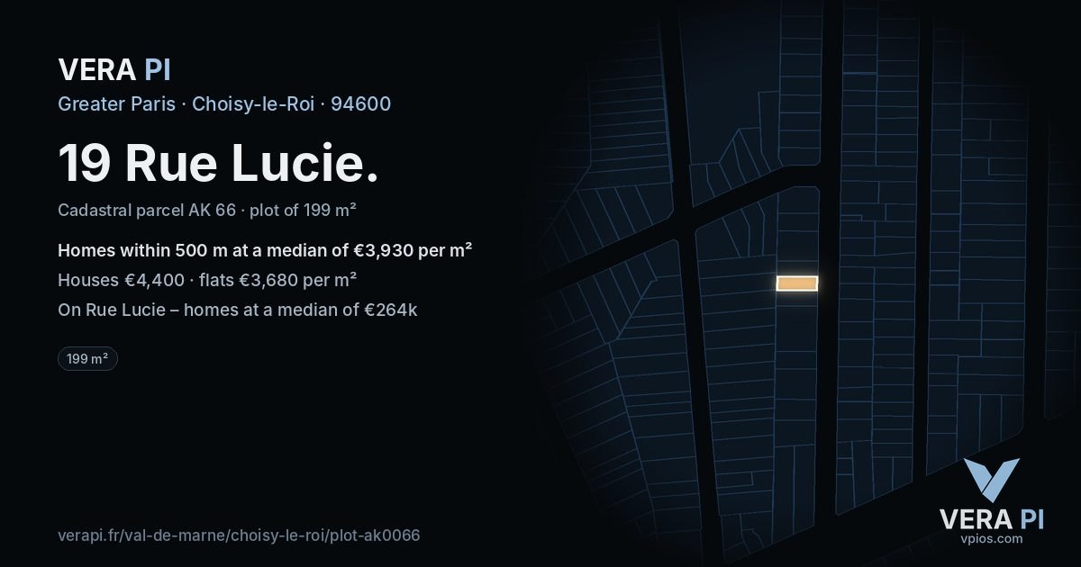 19 Rue Lucie, Choisy-le-Roi at night – the plot lit, the parcels around coloured by the prices near them