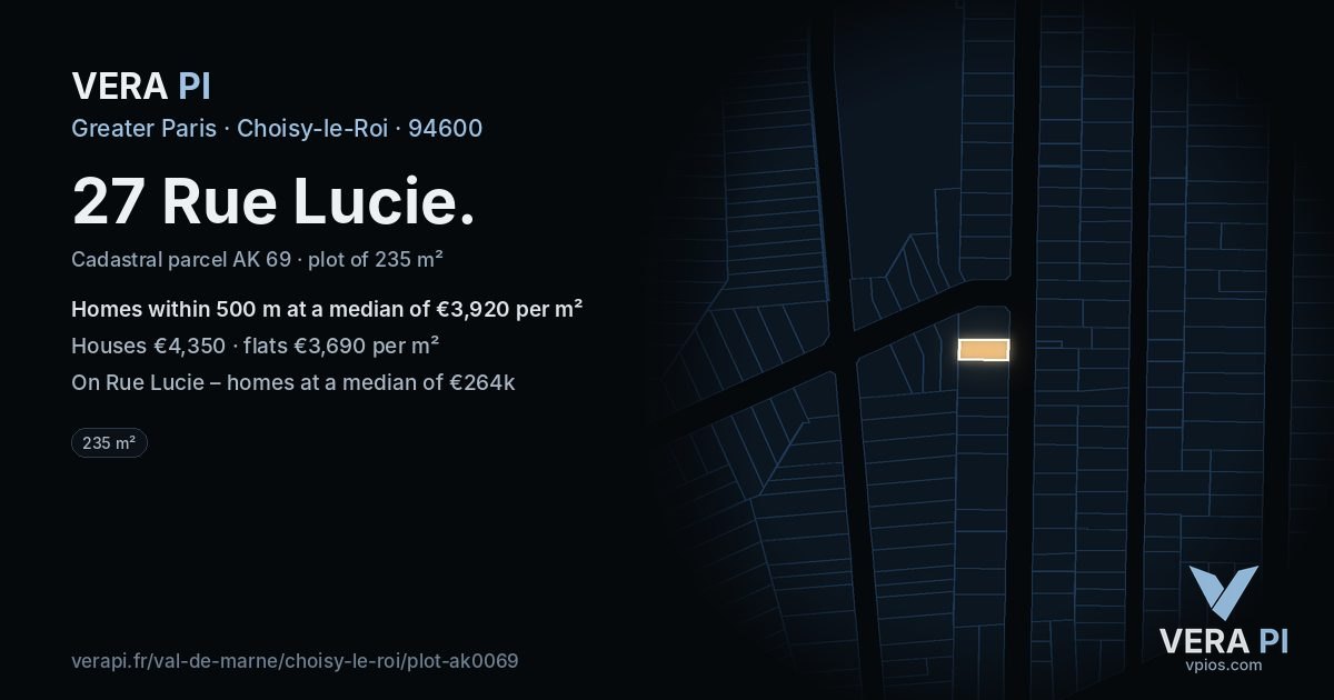 27 Rue Lucie, Choisy-le-Roi at night – the plot lit, the parcels around coloured by the prices near them