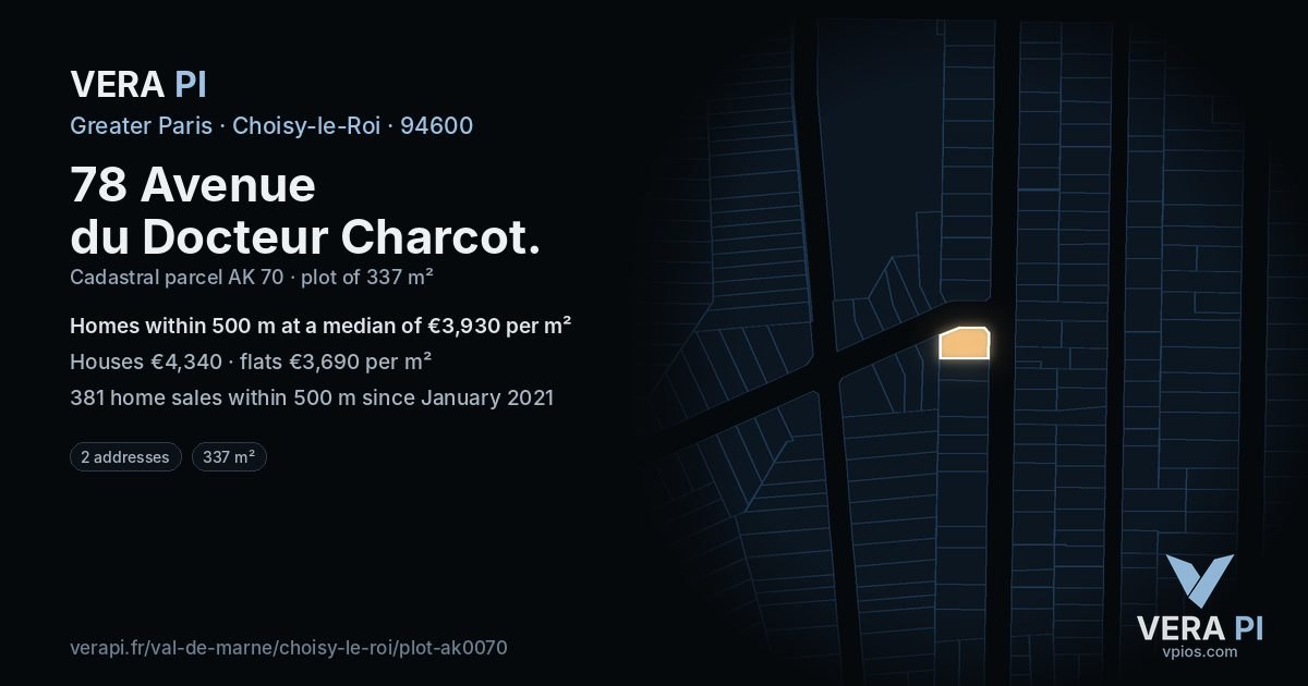 78 Avenue du Docteur Charcot, Choisy-le-Roi at night – the plot lit, the parcels around coloured by the prices near them