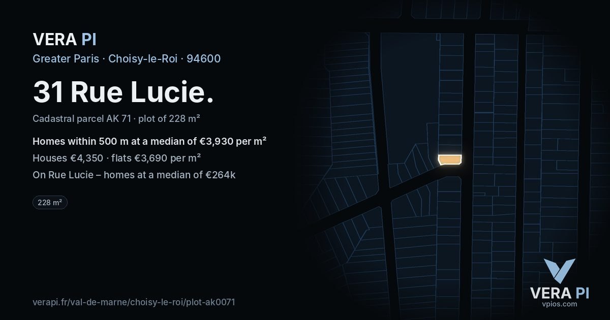 31 Rue Lucie, Choisy-le-Roi at night – the plot lit, the parcels around coloured by the prices near them