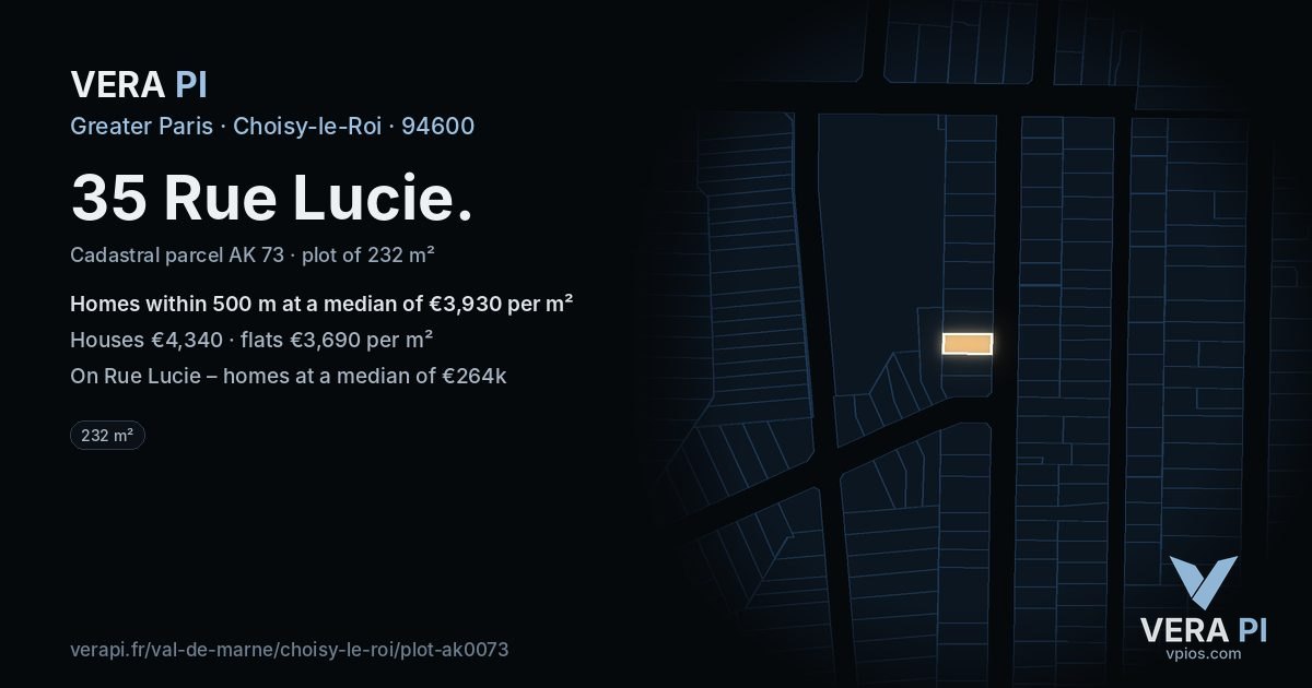 35 Rue Lucie, Choisy-le-Roi at night – the plot lit, the parcels around coloured by the prices near them