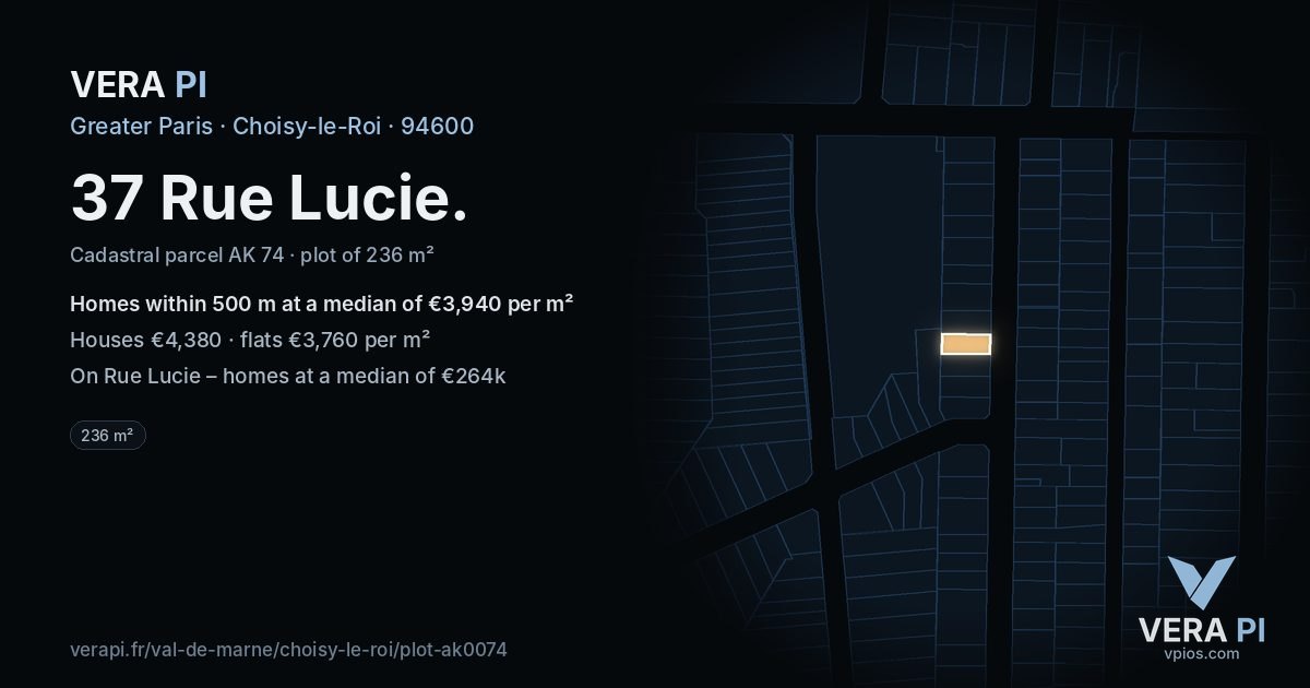 37 Rue Lucie, Choisy-le-Roi at night – the plot lit, the parcels around coloured by the prices near them