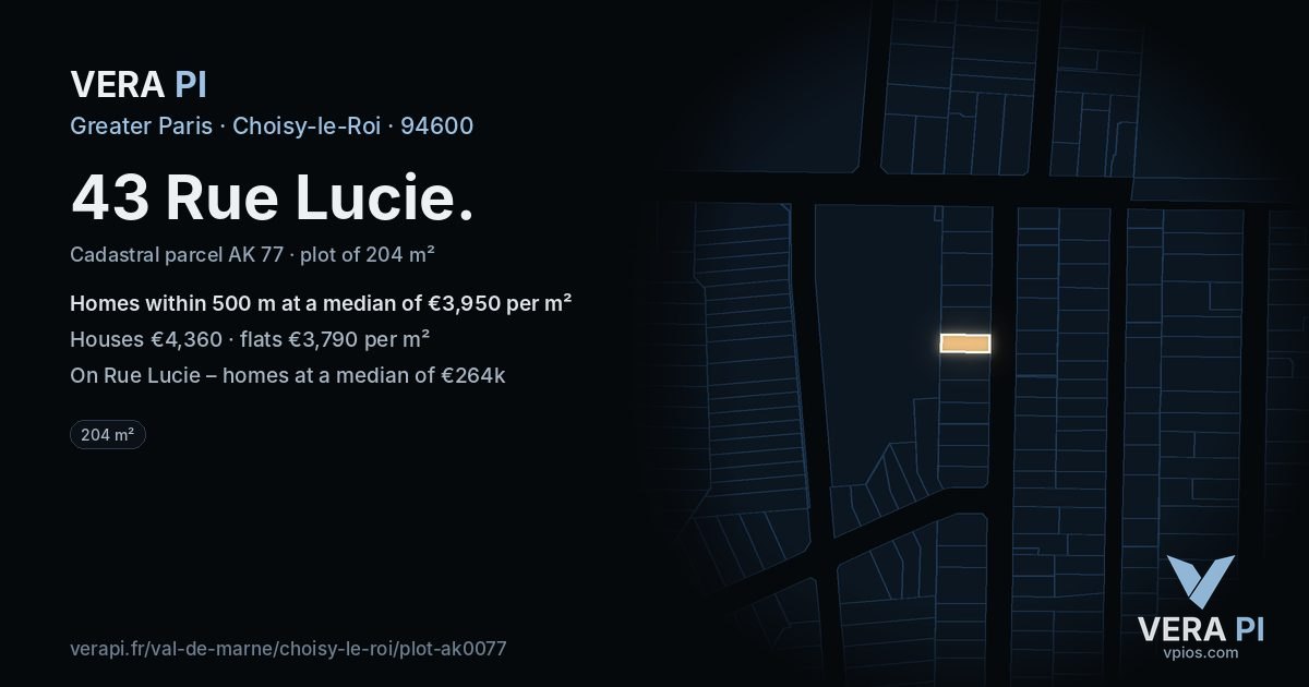 43 Rue Lucie, Choisy-le-Roi at night – the plot lit, the parcels around coloured by the prices near them