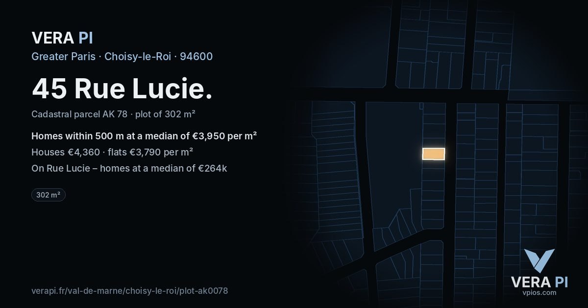 45 Rue Lucie, Choisy-le-Roi at night – the plot lit, the parcels around coloured by the prices near them