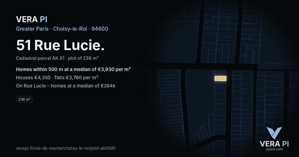51 Rue Lucie, Choisy-le-Roi at night – the plot lit, the parcels around coloured by the prices near them