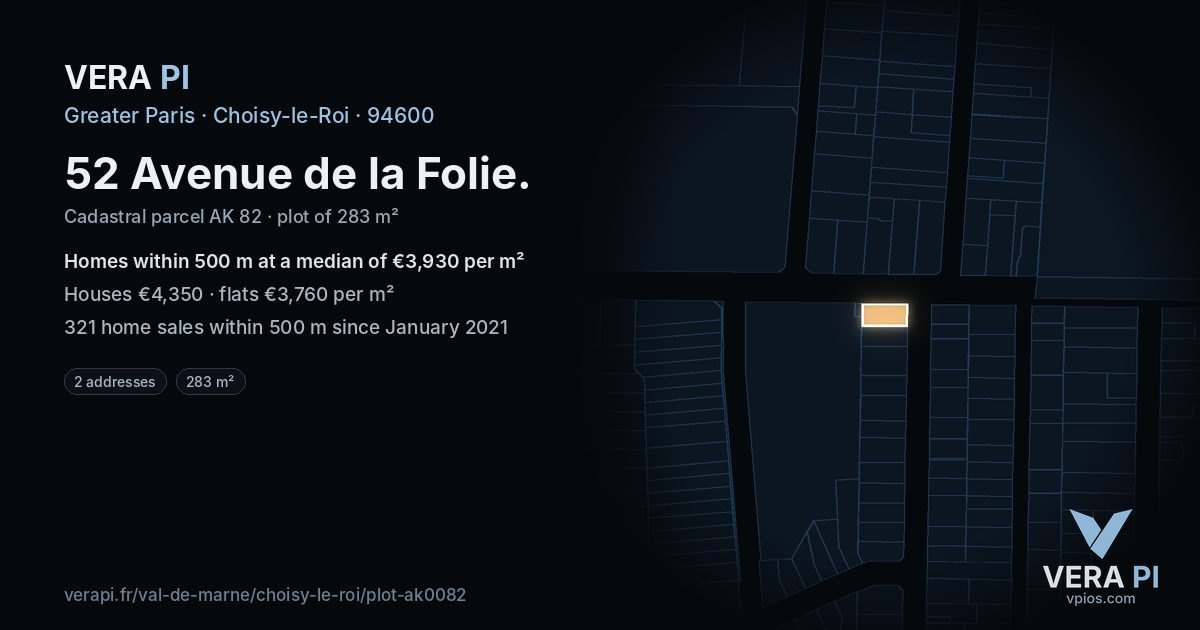 52 Avenue de la Folie, Choisy-le-Roi at night – the plot lit, the parcels around coloured by the prices near them
