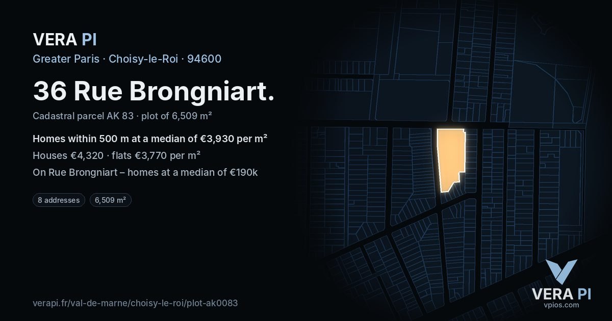 36 Rue Brongniart, Choisy-le-Roi at night – the plot lit, the parcels around coloured by the prices near them
