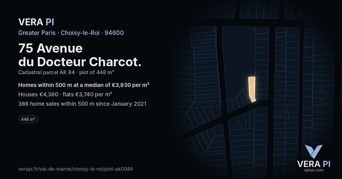 75 Avenue du Docteur Charcot, Choisy-le-Roi at night – the plot lit, the parcels around coloured by the prices near them