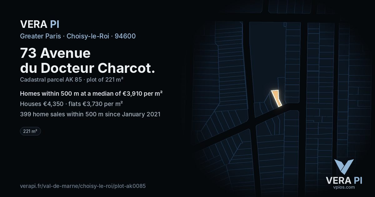 73 Avenue du Docteur Charcot, Choisy-le-Roi at night – the plot lit, the parcels around coloured by the prices near them