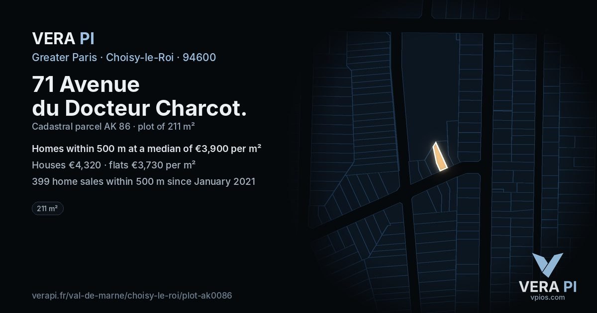 71 Avenue du Docteur Charcot, Choisy-le-Roi at night – the plot lit, the parcels around coloured by the prices near them
